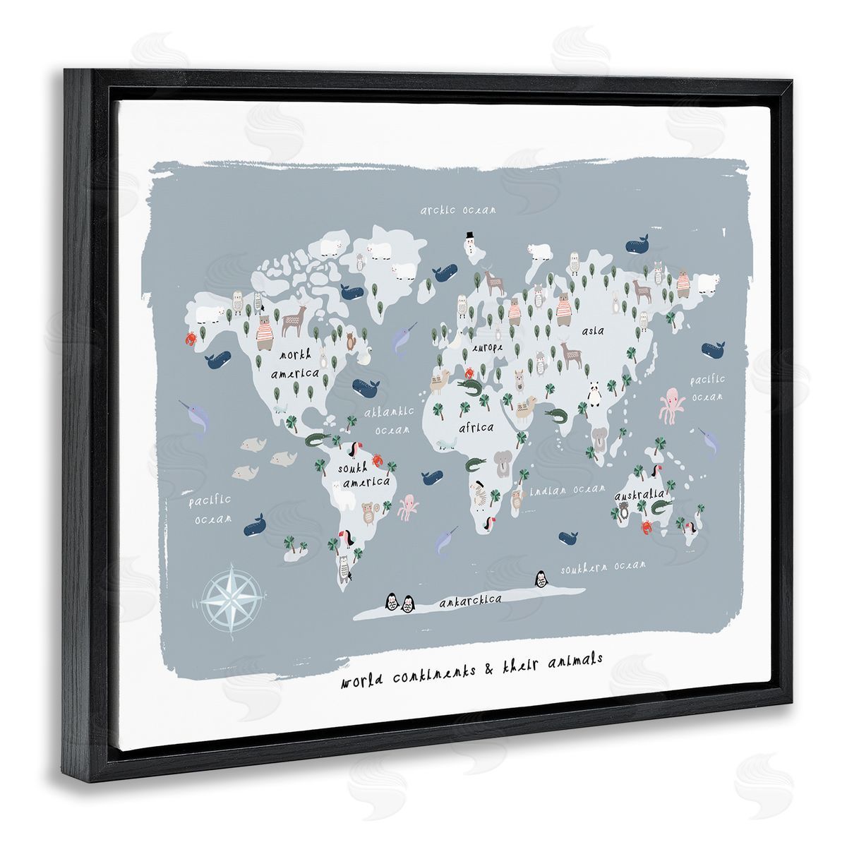 Leah Straatsma World Continents and Regional Animals Map Soft Blue