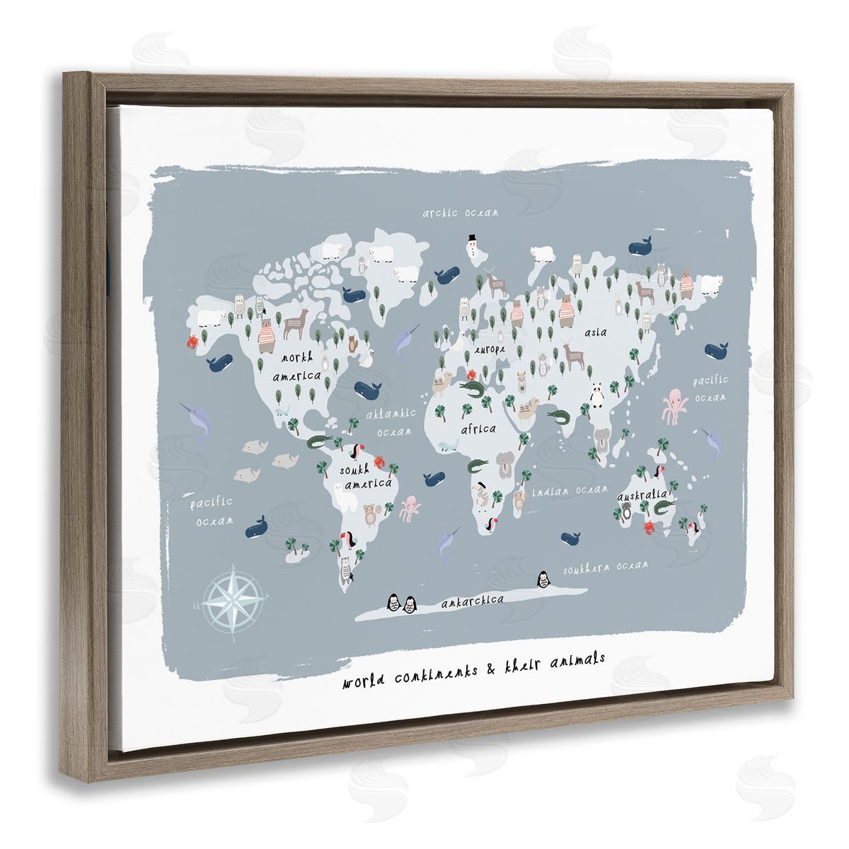 Leah Straatsma World Continents and Regional Animals Map Soft Blue