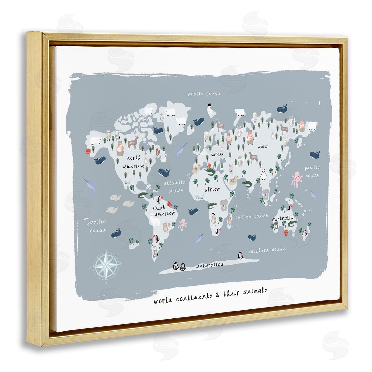 Leah Straatsma World Continents and Regional Animals Map Soft Blue