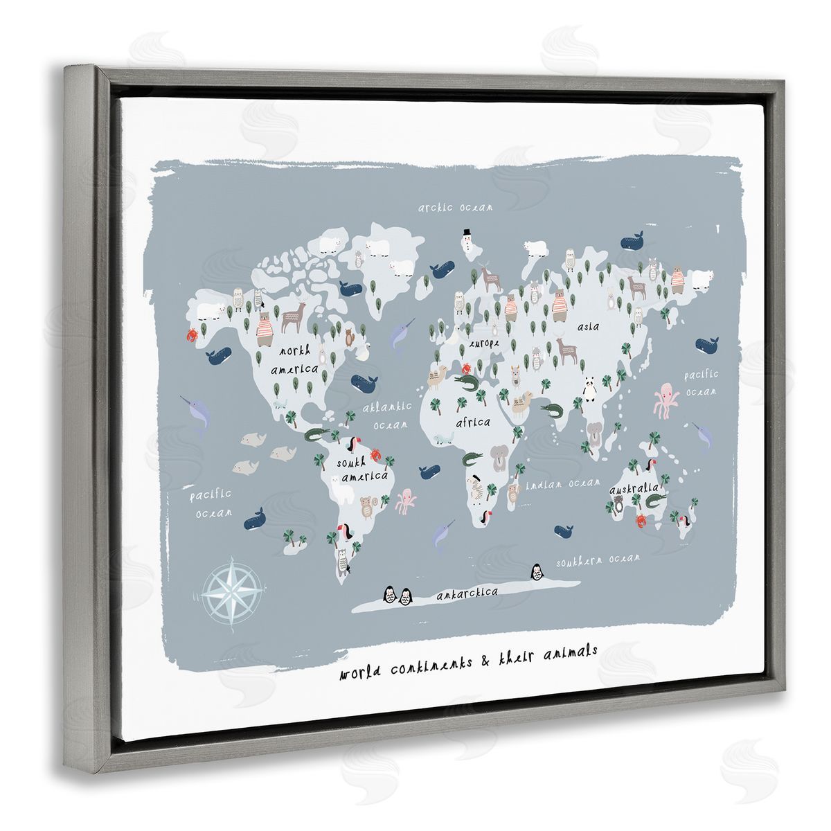 Leah Straatsma World Continents and Regional Animals Map Soft Blue