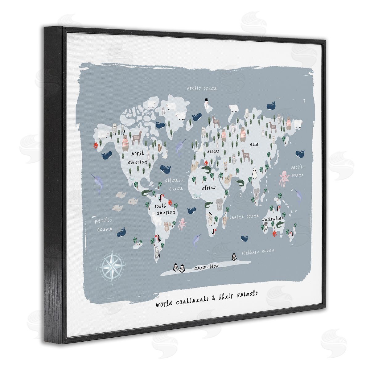 Leah Straatsma World Continents and Regional Animals Map Soft Blue