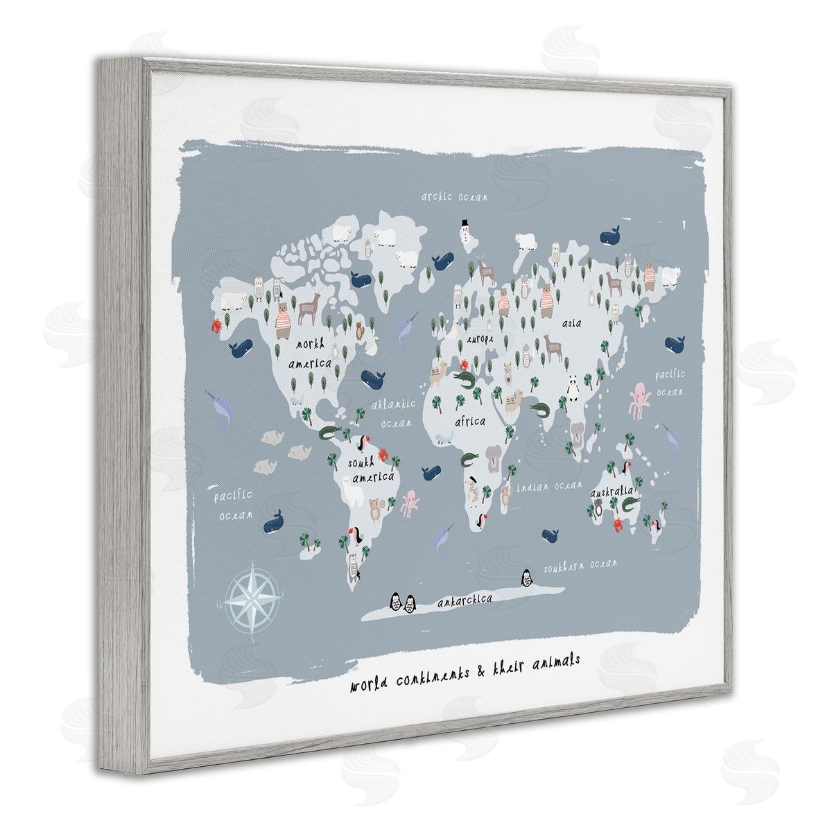 Leah Straatsma World Continents and Regional Animals Map Soft Blue