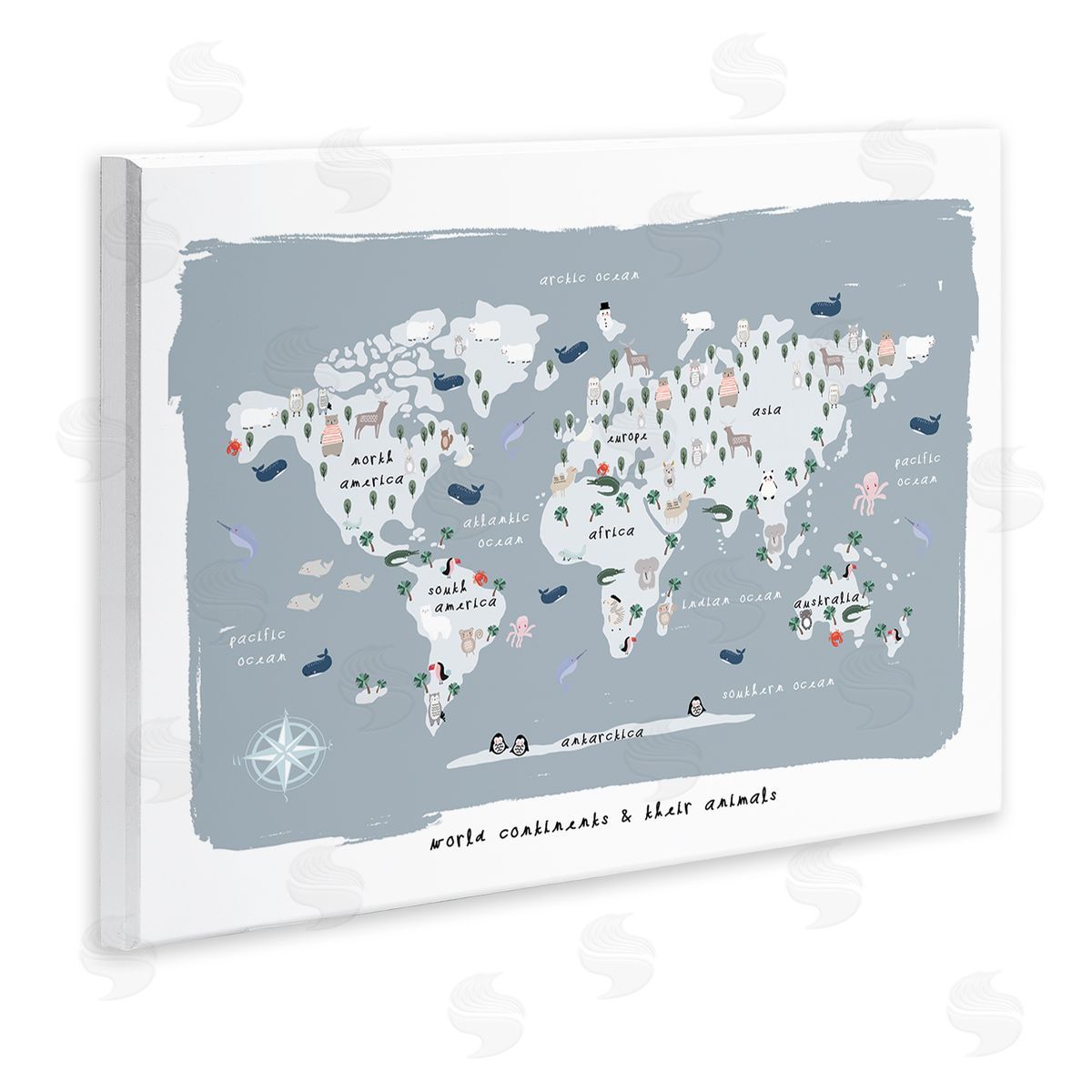 Leah Straatsma World Continents and Regional Animals Map Soft Blue