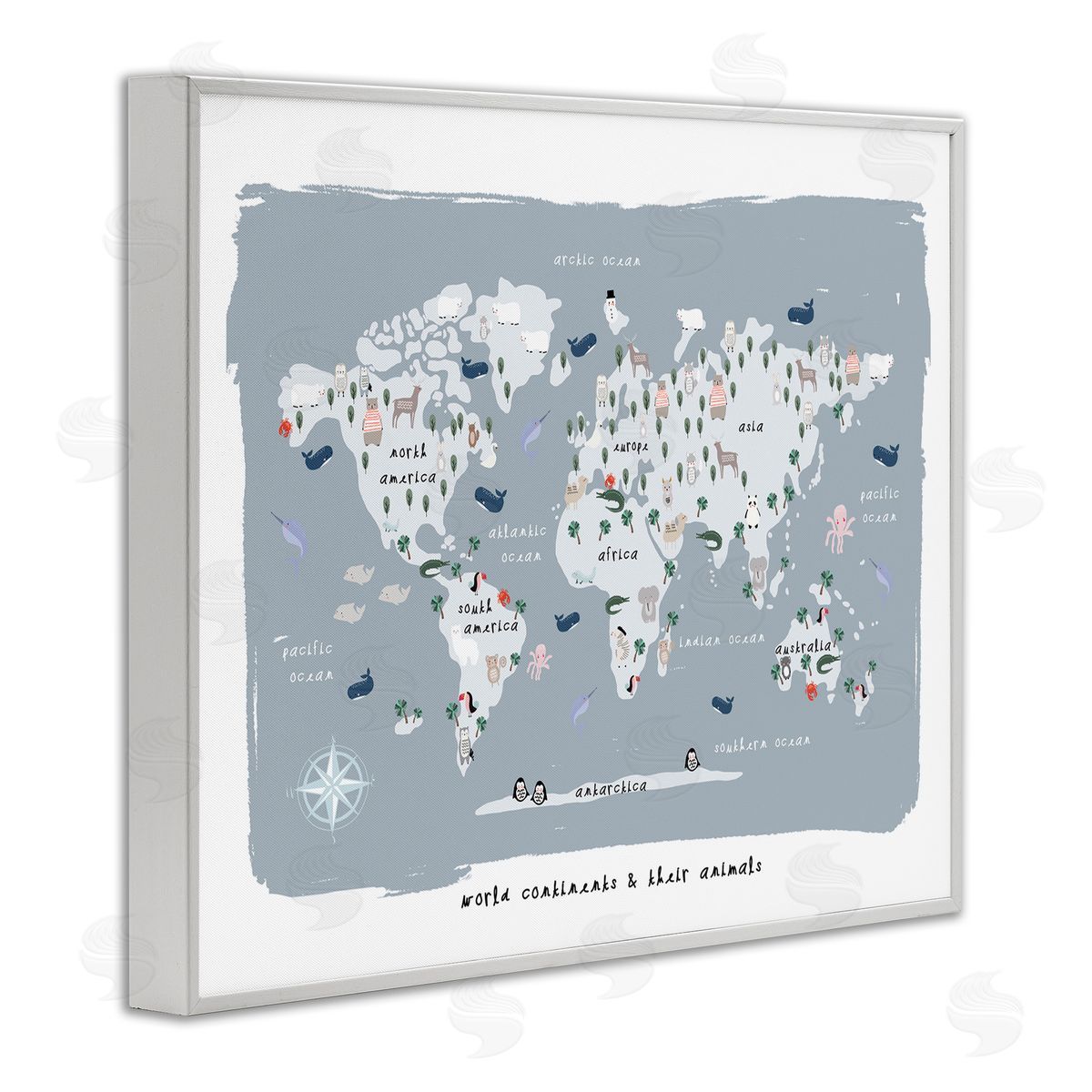 Leah Straatsma World Continents and Regional Animals Map Soft Blue