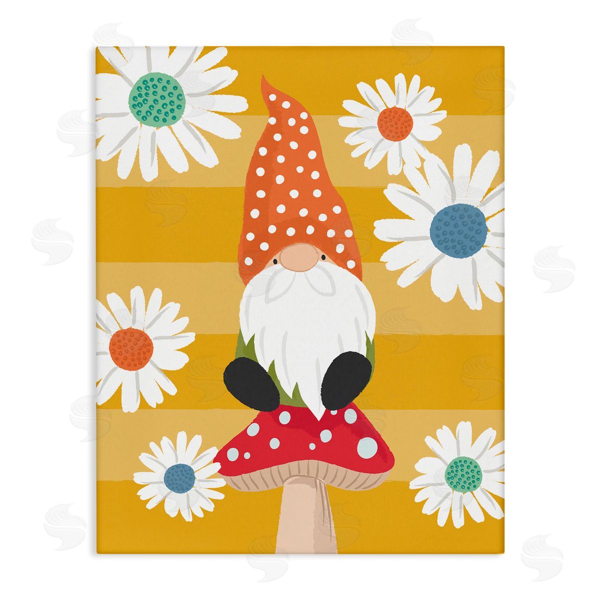 Lisa Perry Whitebutton Mushroom Garden Gnome White Daisies Yellow Stripes