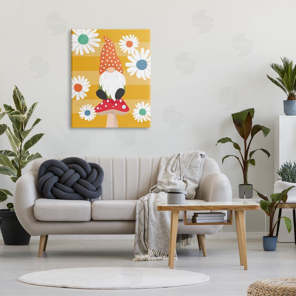 Lisa Perry Whitebutton Mushroom Garden Gnome White Daisies Yellow Stripes