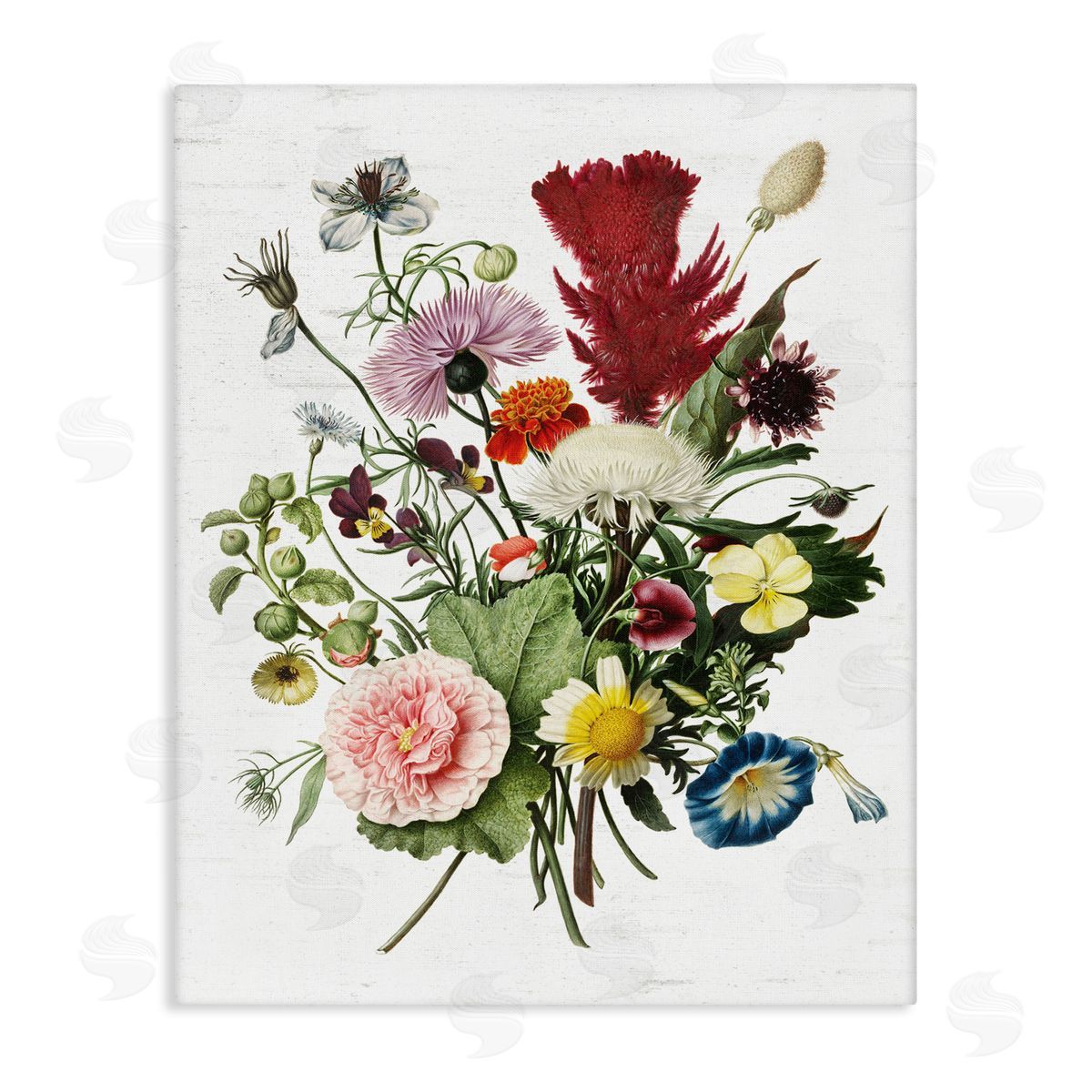 Lettered and Lined Wild Botanical Bouquet Vintage Illustration over White