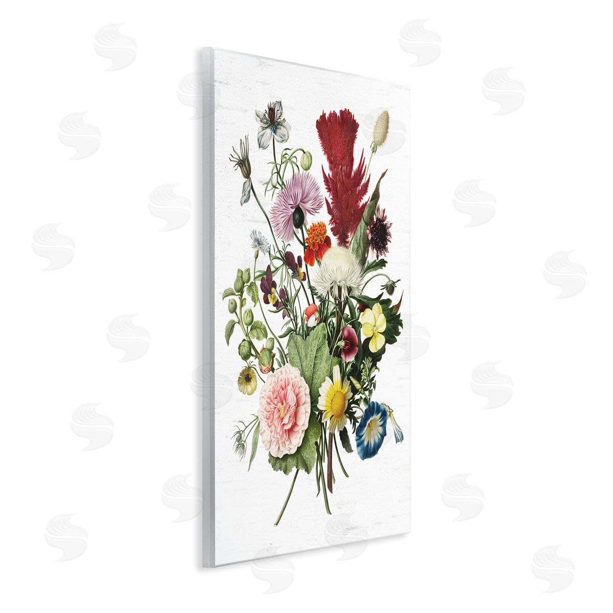 Lettered and Lined Wild Botanical Bouquet Vintage Illustration over White