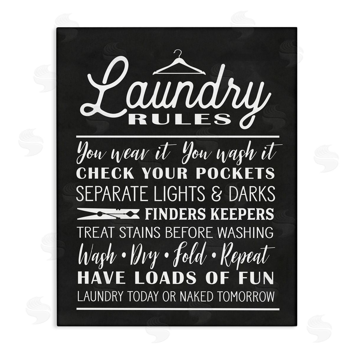 Lettered and Lined Laundry Room Rules Hanger Clothespin Icons Black White