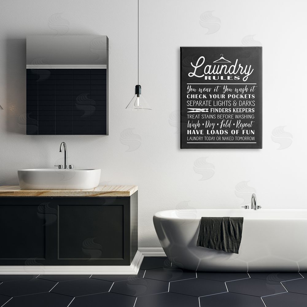 Lettered and Lined Laundry Room Rules Hanger Clothespin Icons Black White