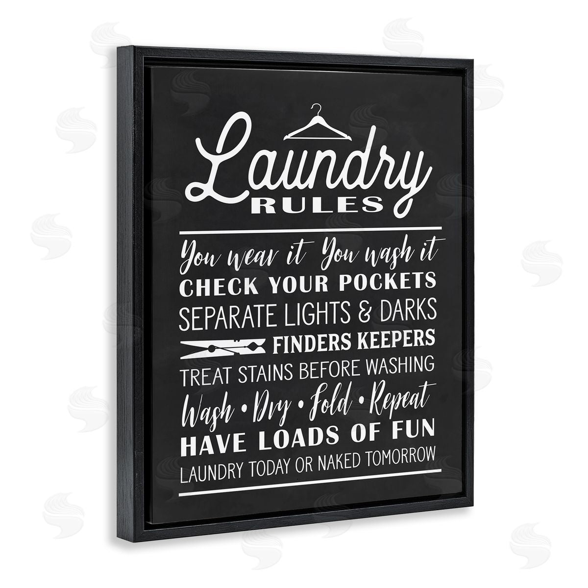 Lettered and Lined Laundry Room Rules Hanger Clothespin Icons Black White