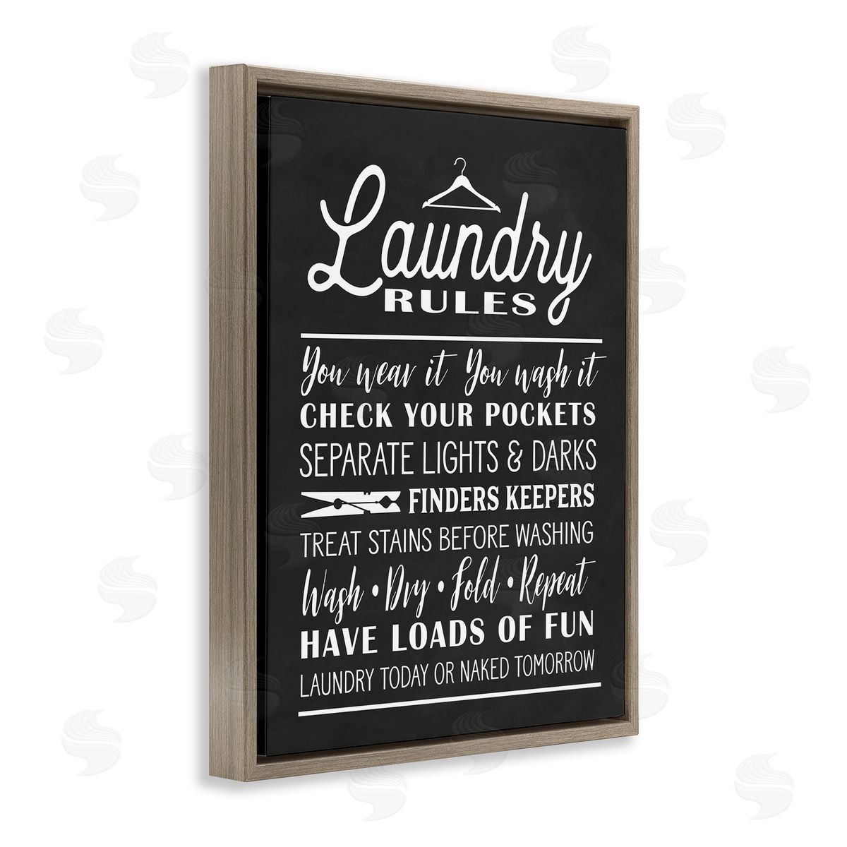 Lettered and Lined Laundry Room Rules Hanger Clothespin Icons Black White