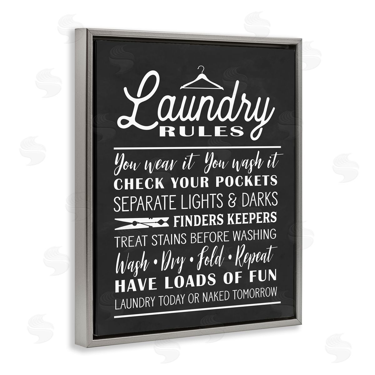Lettered and Lined Laundry Room Rules Hanger Clothespin Icons Black White
