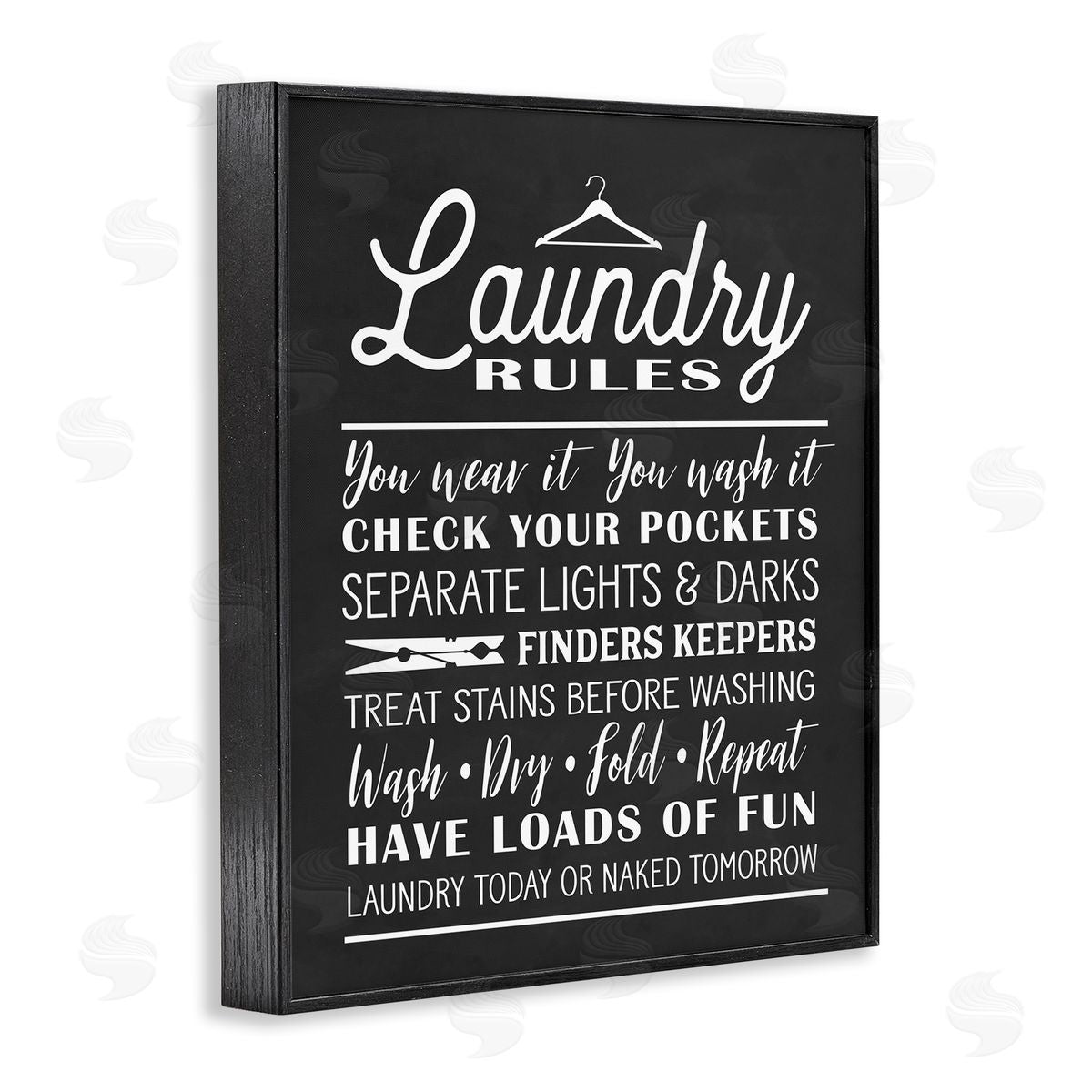 Lettered and Lined Laundry Room Rules Hanger Clothespin Icons Black White