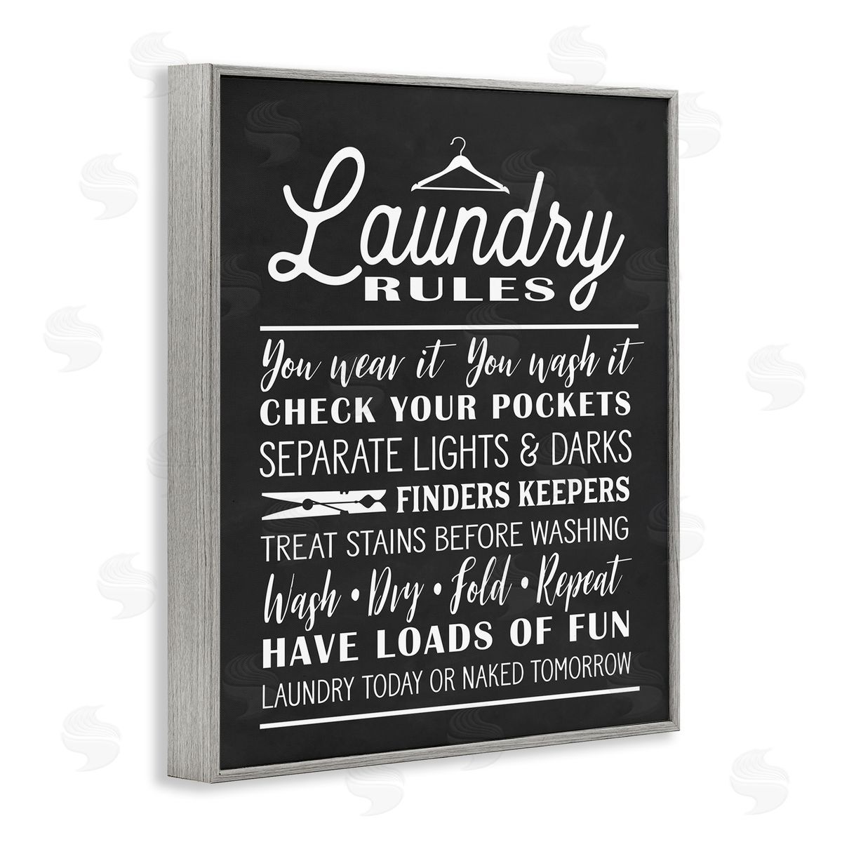 Lettered and Lined Laundry Room Rules Hanger Clothespin Icons Black White