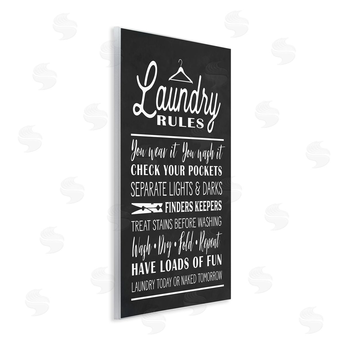 Lettered and Lined Laundry Room Rules Hanger Clothespin Icons Black White