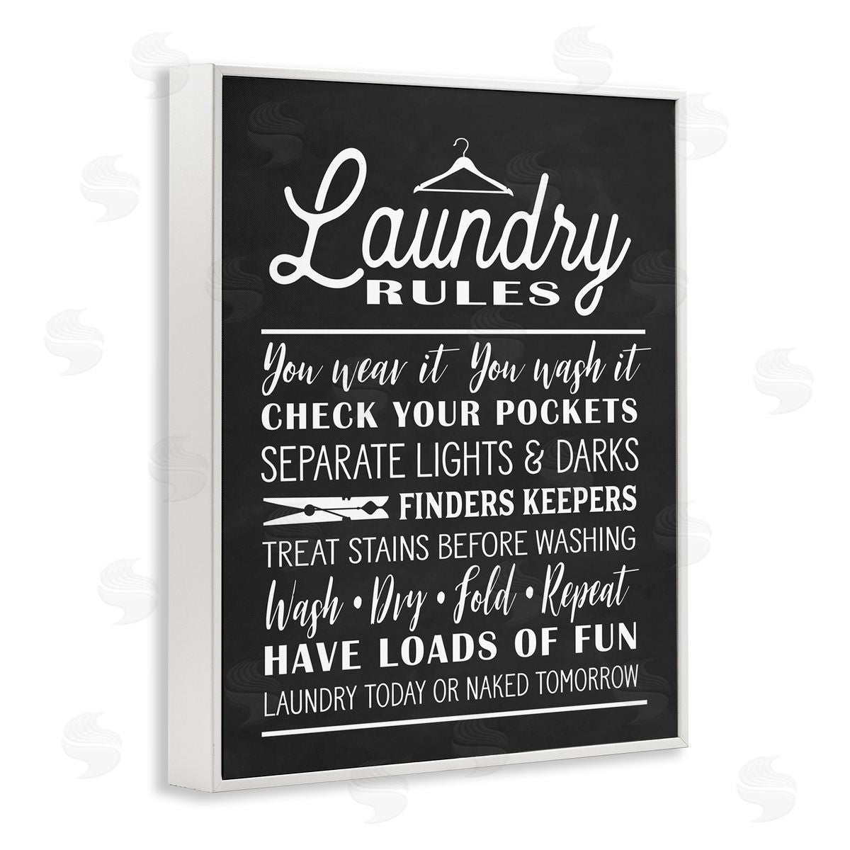 Lettered and Lined Laundry Room Rules Hanger Clothespin Icons Black White
