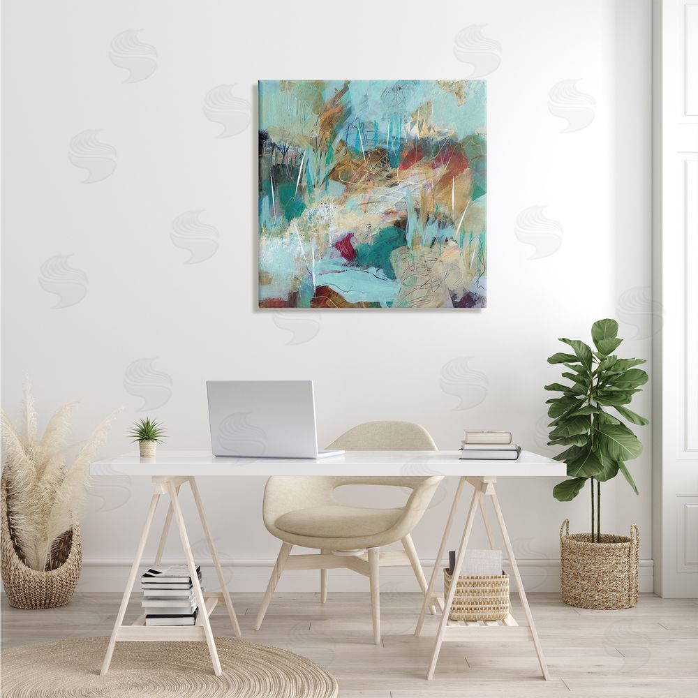 Ann Thompson Nemcosky Beautiful Chaotic Movements Abstract Blue Green Beige Canvas Wall Art in Room
