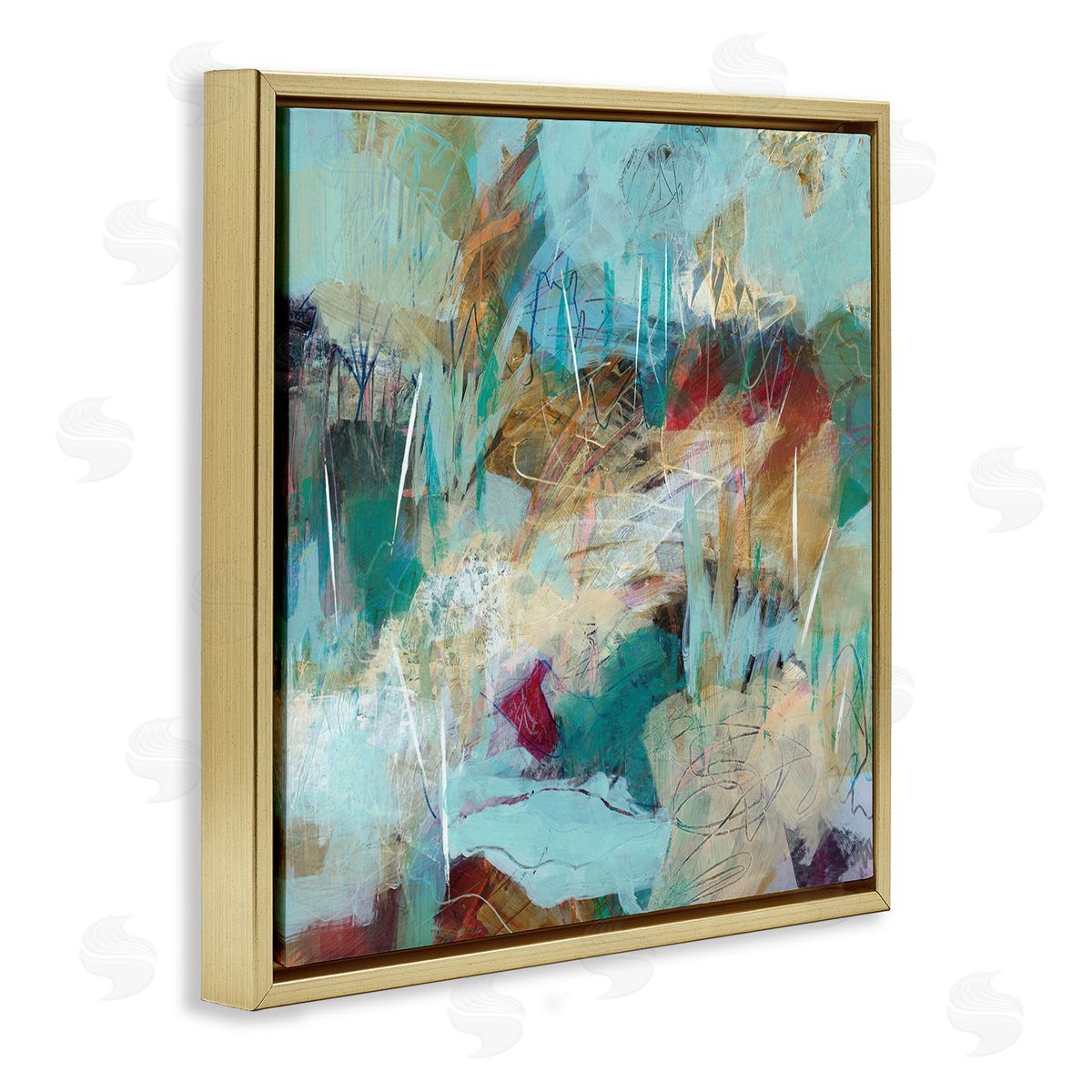Ann Thompson Nemcosky Beautiful Chaotic Movements Abstract Blue Green Beige Gold Floating Frame Canvas Wall Art Print