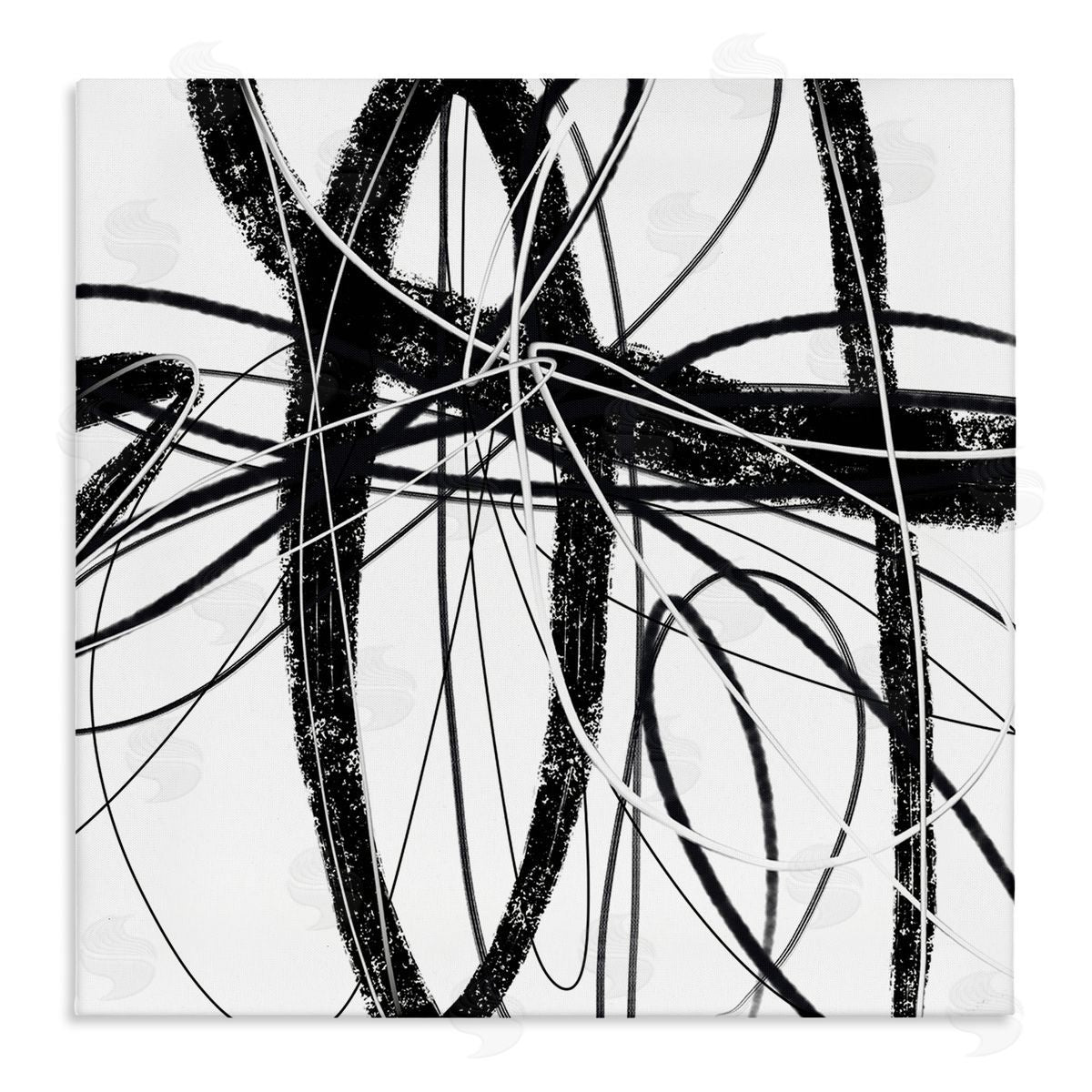 Lisa Ridgers Distressed Black Fluid White Lines Abstract Pattern Stretched Canvas Wall Art Print