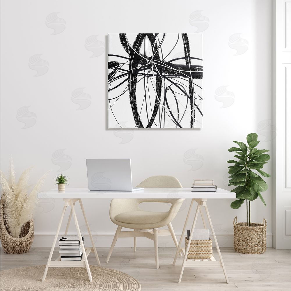 Lisa Ridgers Distressed Black Fluid White Lines Abstract Pattern Canvas Wall Art in Room