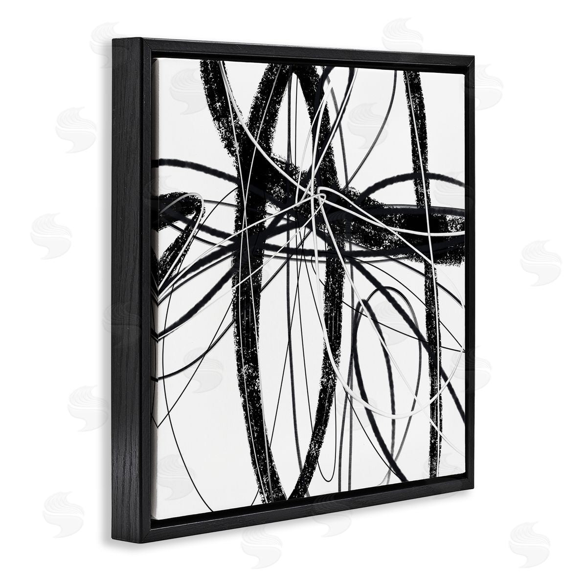 Lisa Ridgers Distressed Black Fluid White Lines Abstract Pattern Black Floating Frame Canvas Wall Art Print