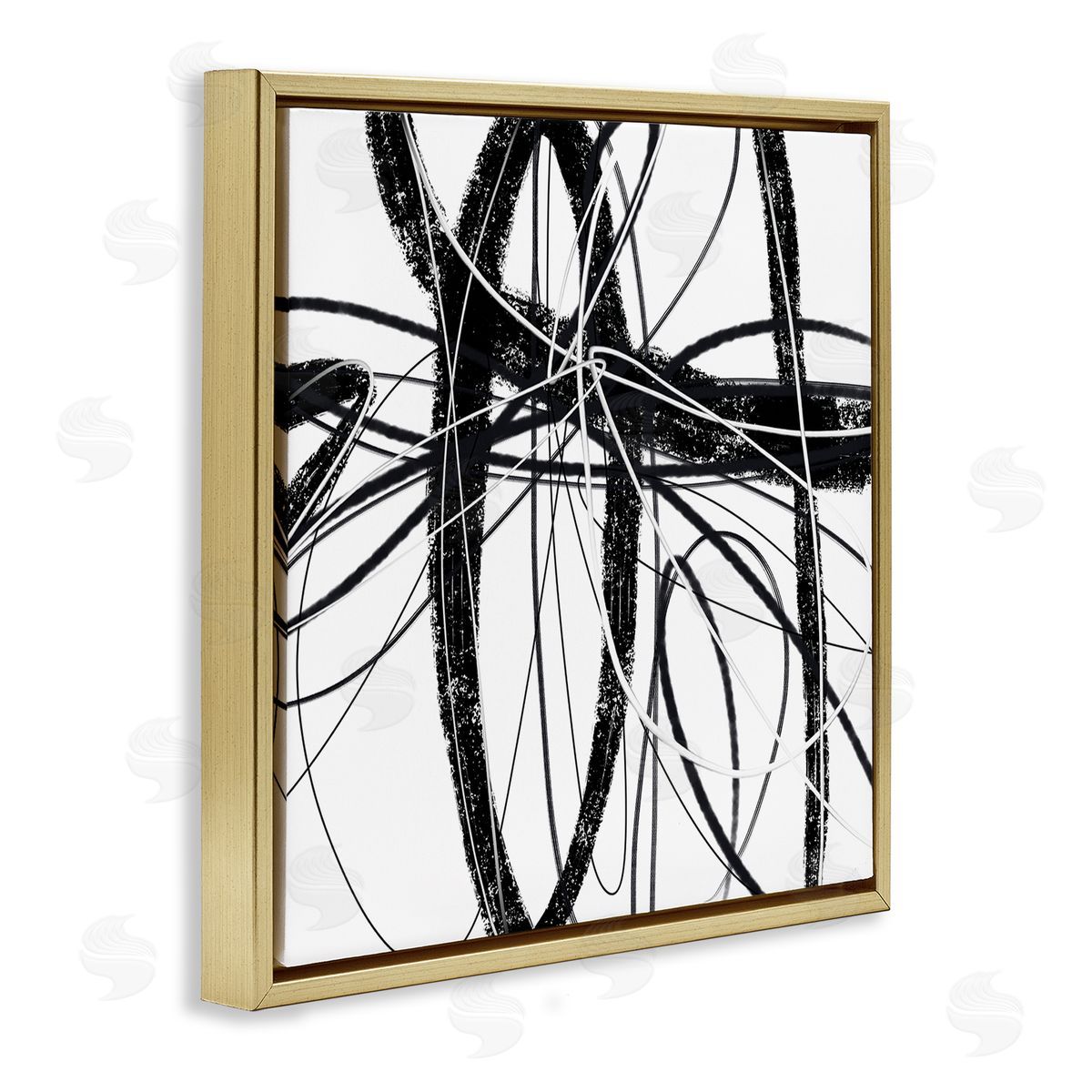 Lisa Ridgers Distressed Black Fluid White Lines Abstract Pattern Gold Floating Frame Canvas Wall Art Print