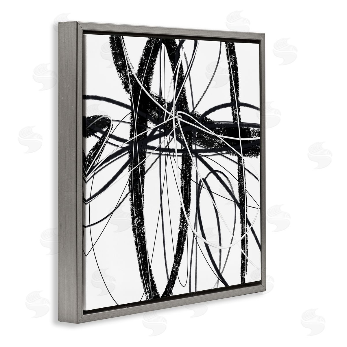 Lisa Ridgers Distressed Black Fluid White Lines Abstract Pattern Gray Floating Frame Canvas Wall Art Print