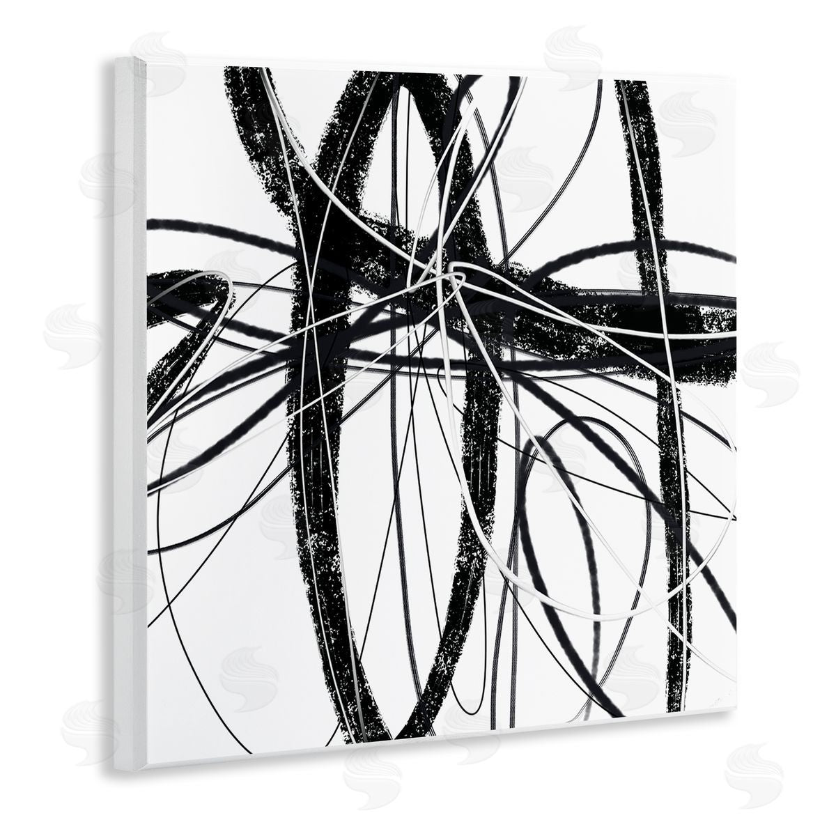 Lisa Ridgers Distressed Black Fluid White Lines Abstract Pattern Wooden Wall Plaque Art Print