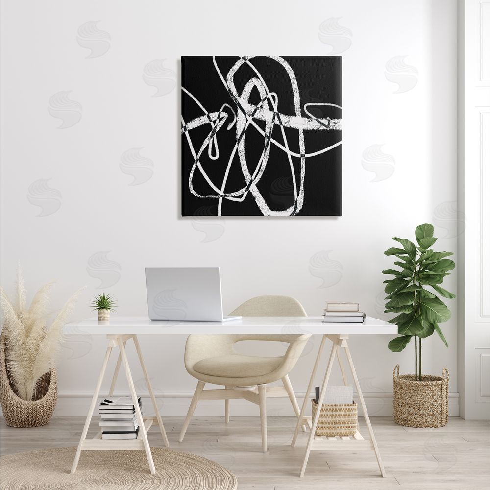 Lisa Ridgers Distressed Fluid White Lines on Black Abstraction Canvas Wall Art in Room