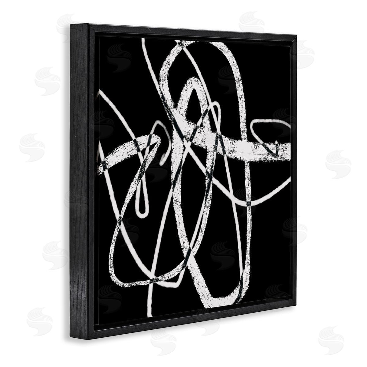 Lisa Ridgers Distressed Fluid White Lines on Black Abstraction Black Floating Frame Canvas Wall Art Print
