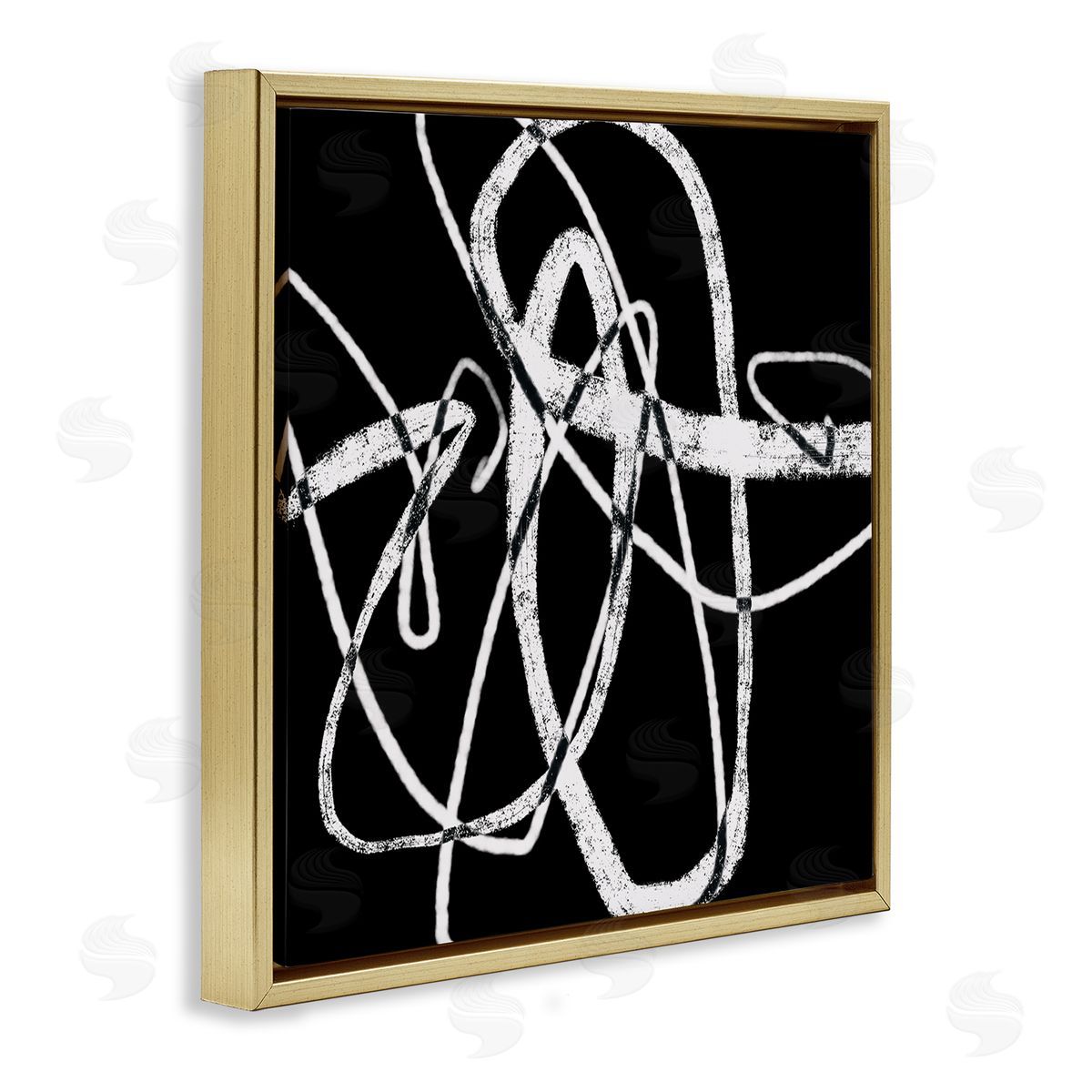 Lisa Ridgers Distressed Fluid White Lines on Black Abstraction Gold Floating Frame Canvas Wall Art Print
