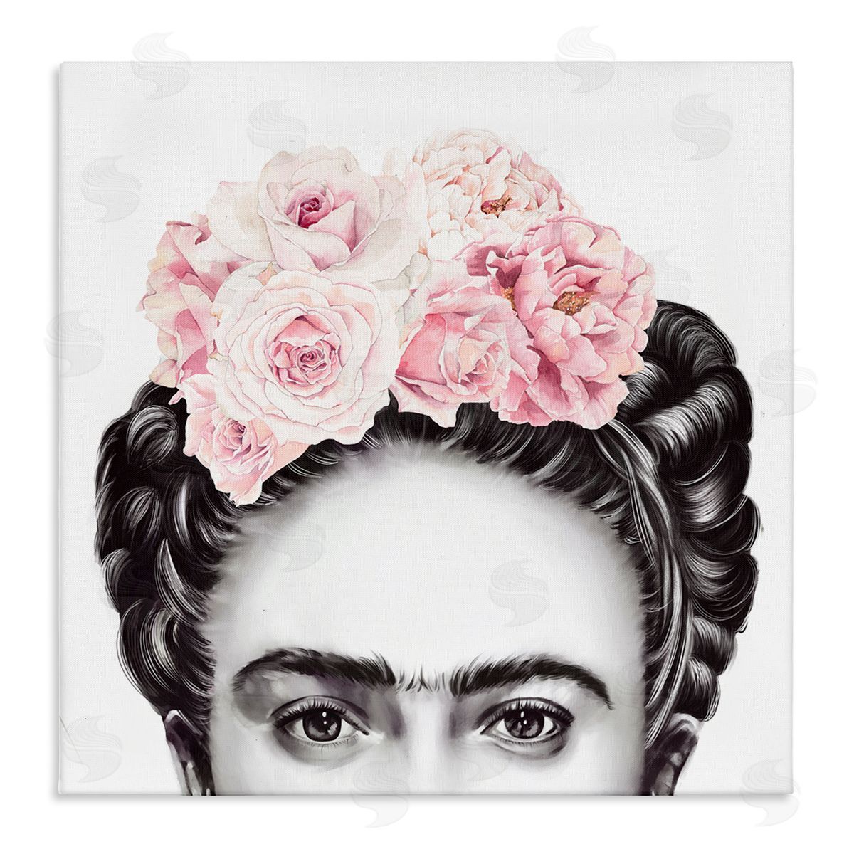 Ros Ruseva Frida With Pink Roses Powerful Full Eyed Portrait Stretched Canvas Wall Art Print