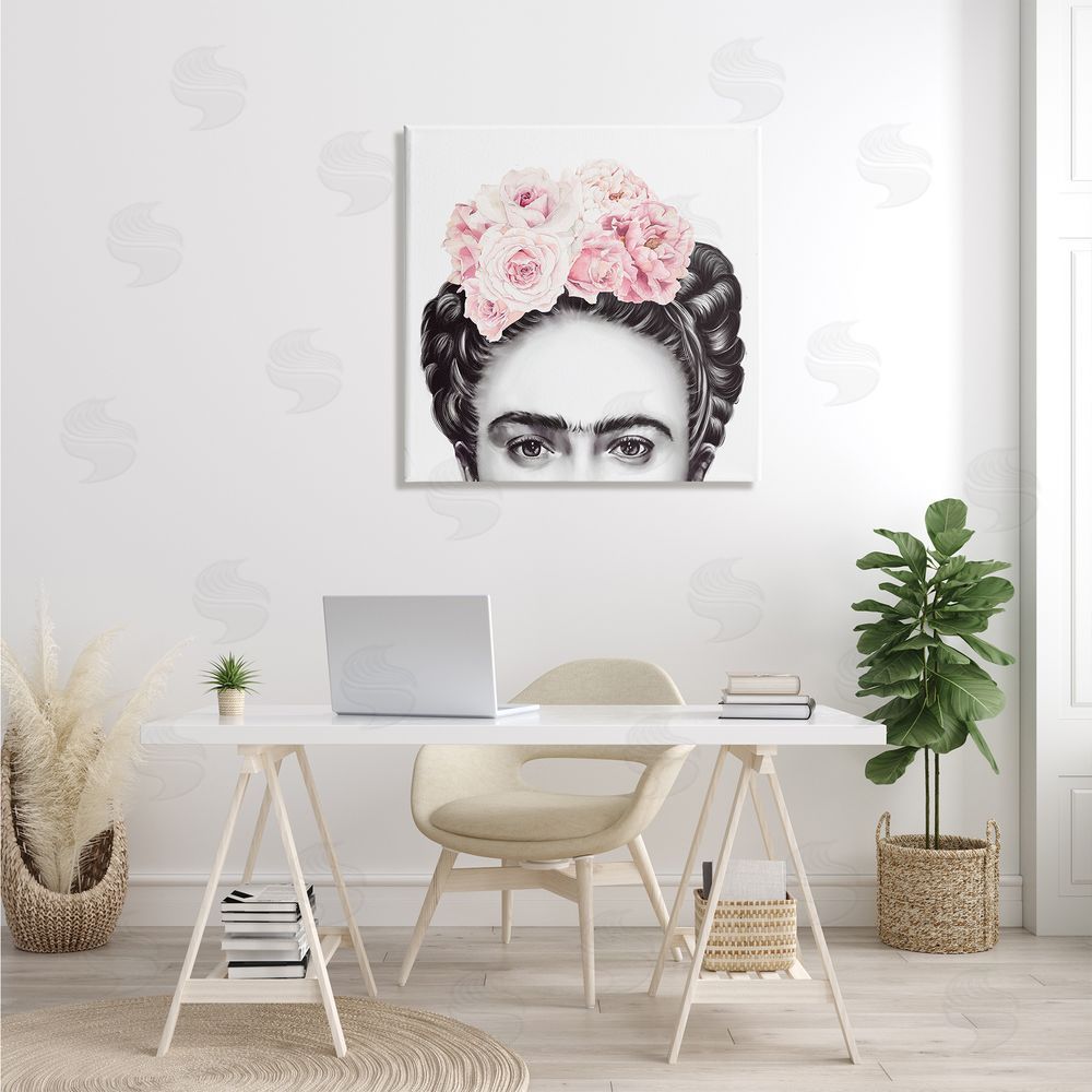 Ros Ruseva Frida With Pink Roses Powerful Full Eyed Portrait Canvas Wall Art in Room