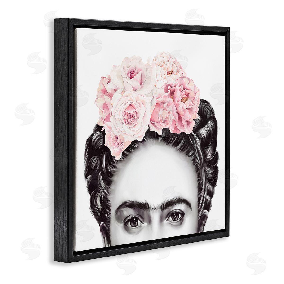 Ros Ruseva Frida With Pink Roses Powerful Full Eyed Portrait Black Floating Frame Canvas Wall Art Print