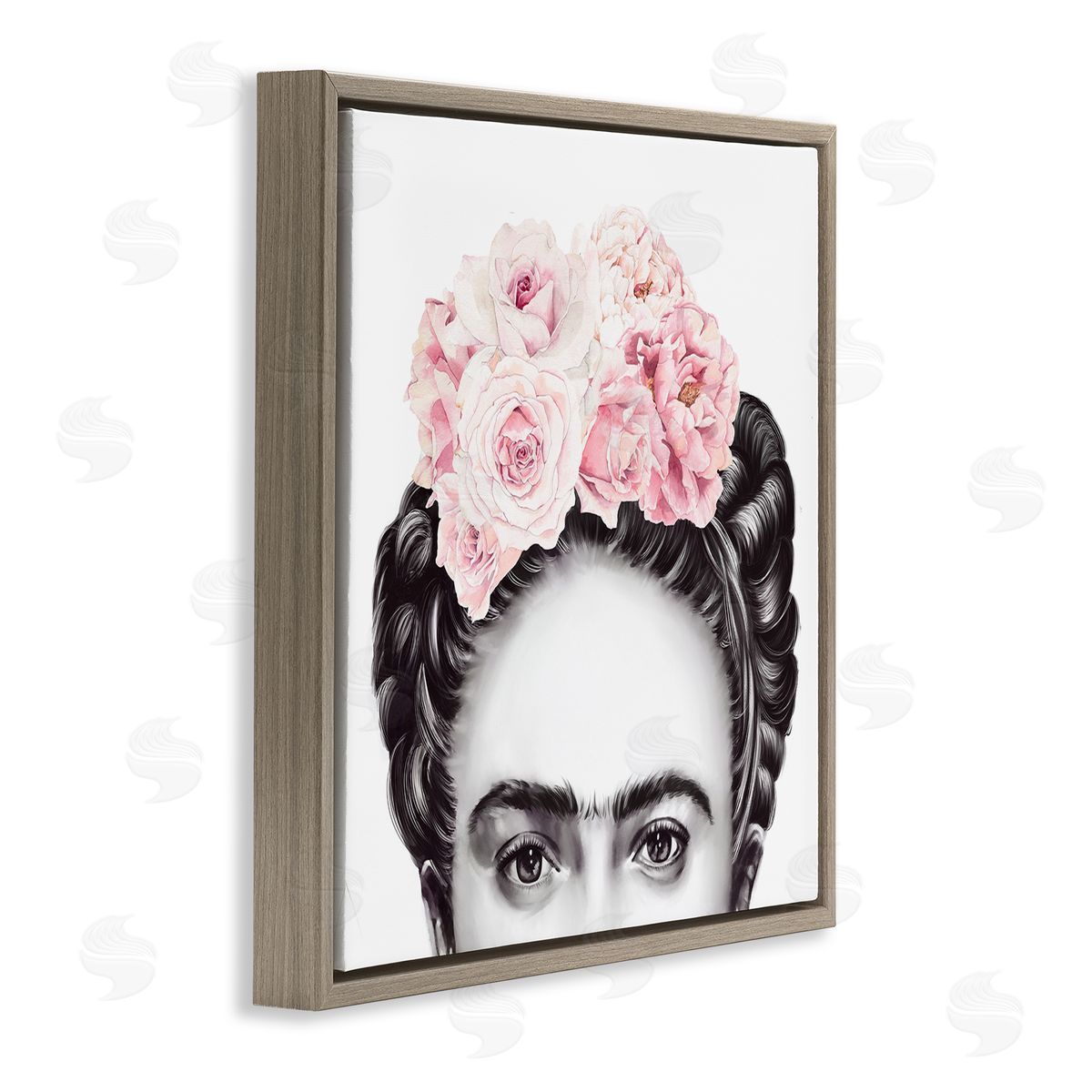Ros Ruseva Frida With Pink Roses Powerful Full Eyed Portrait Brown Floating Frame Canvas Wall Art Print