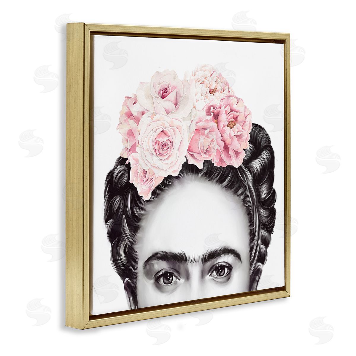 Ros Ruseva Frida With Pink Roses Powerful Full Eyed Portrait Gold Floating Frame Canvas Wall Art Print