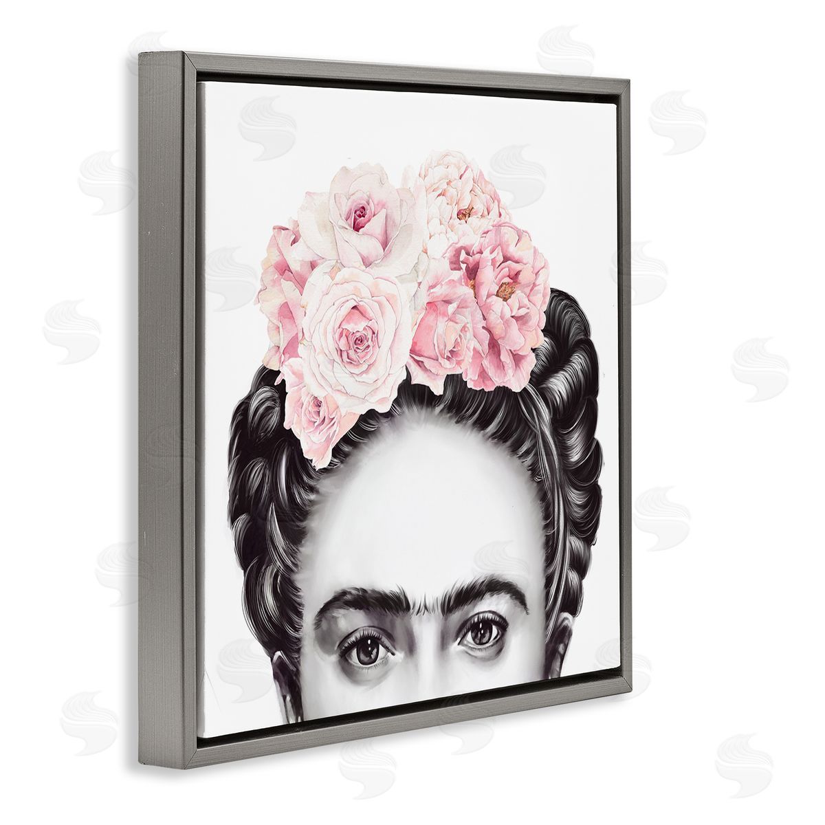Ros Ruseva Frida With Pink Roses Powerful Full Eyed Portrait Gray Floating Frame Canvas Wall Art Print