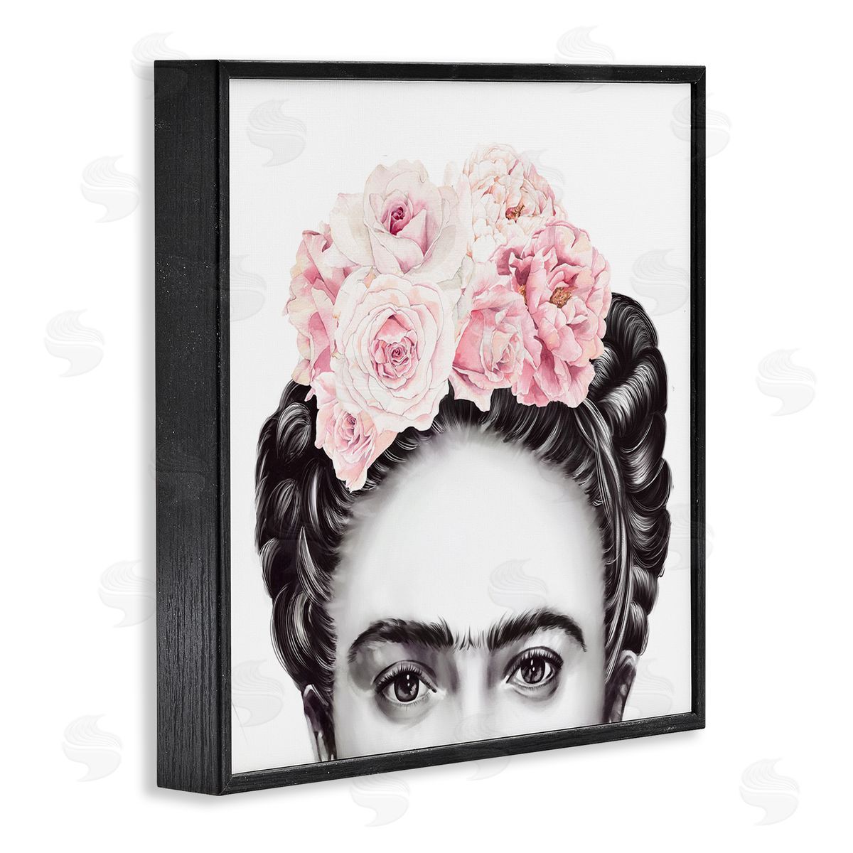 Ros Ruseva Frida With Pink Roses Powerful Full Eyed Portrait Black Framed Glicee Wall Art Print
