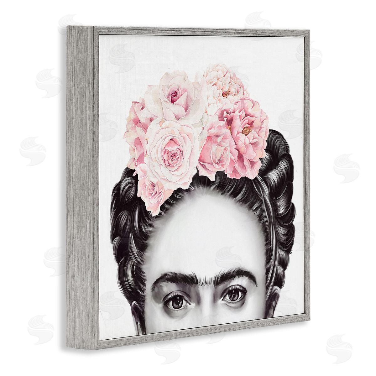 Ros Ruseva Frida With Pink Roses Powerful Full Eyed Portrait Gray Framed Glicee Wall Art Print