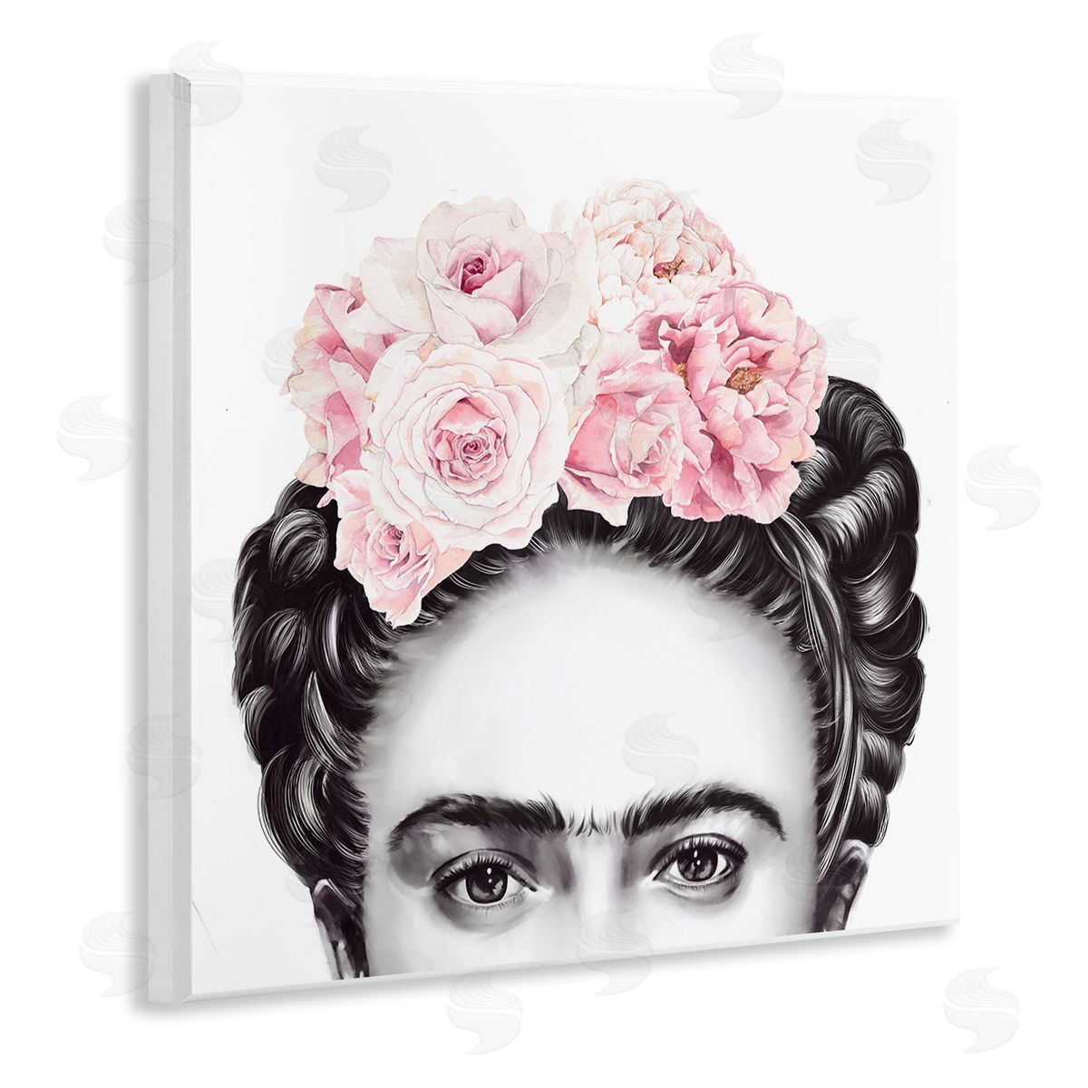 Ros Ruseva Frida With Pink Roses Powerful Full Eyed Portrait Wooden Wall Plaque Art Print