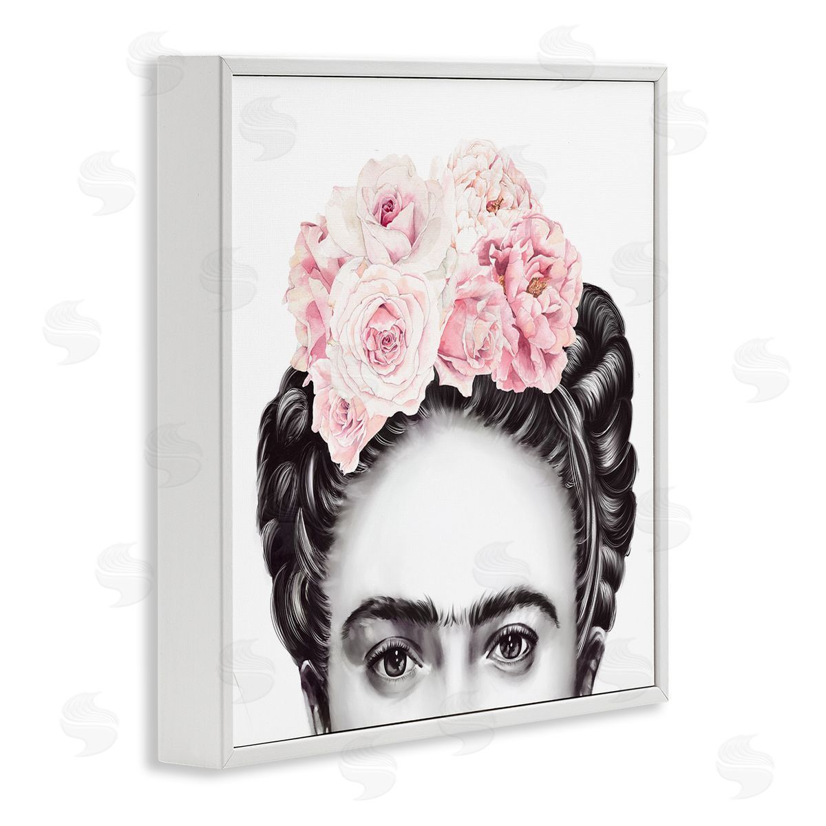 Ros Ruseva Frida With Pink Roses Powerful Full Eyed Portrait White Framed Glicee Wall Art Print
