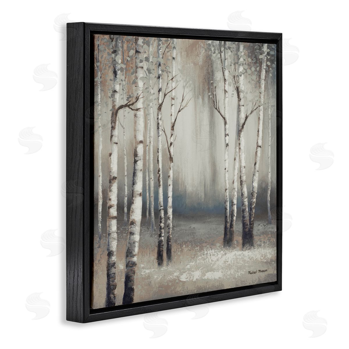 Misty Birch Tree Forest Landscape Black Floating Frame Canvas Wall Art, Home Decor by Michael Marcon