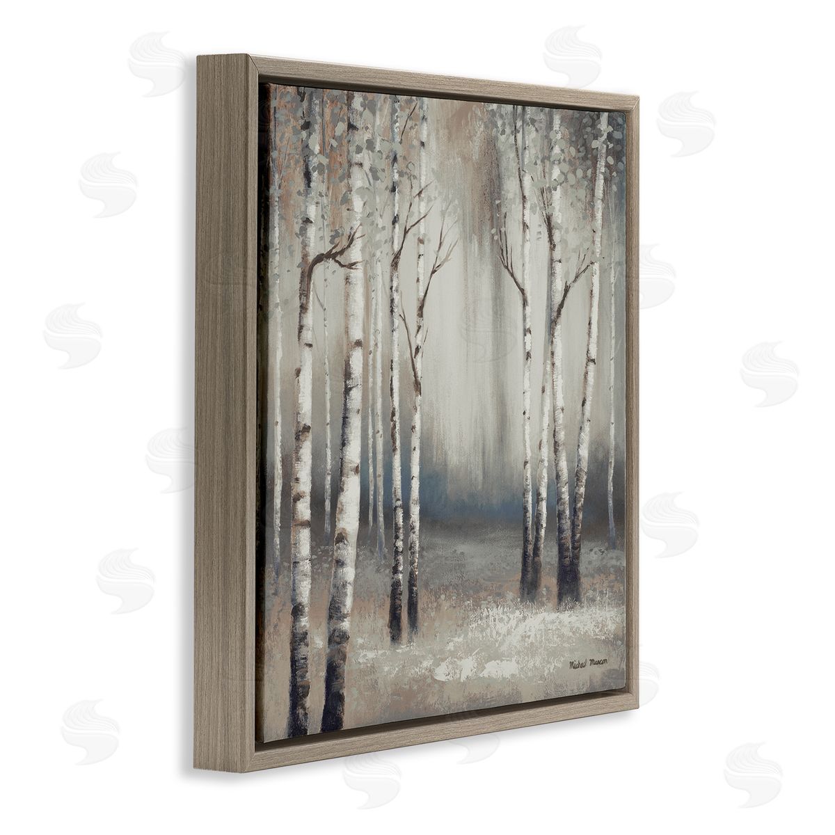 Misty Birch Tree Forest Landscape Brown Floating Frame Canvas Wall Art, Home Decor by Michael Marcon