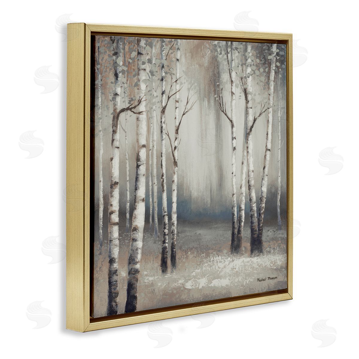 Misty Birch Tree Forest Landscape Gold Floating Frame Canvas Wall Art, Home Decor by Michael Marcon