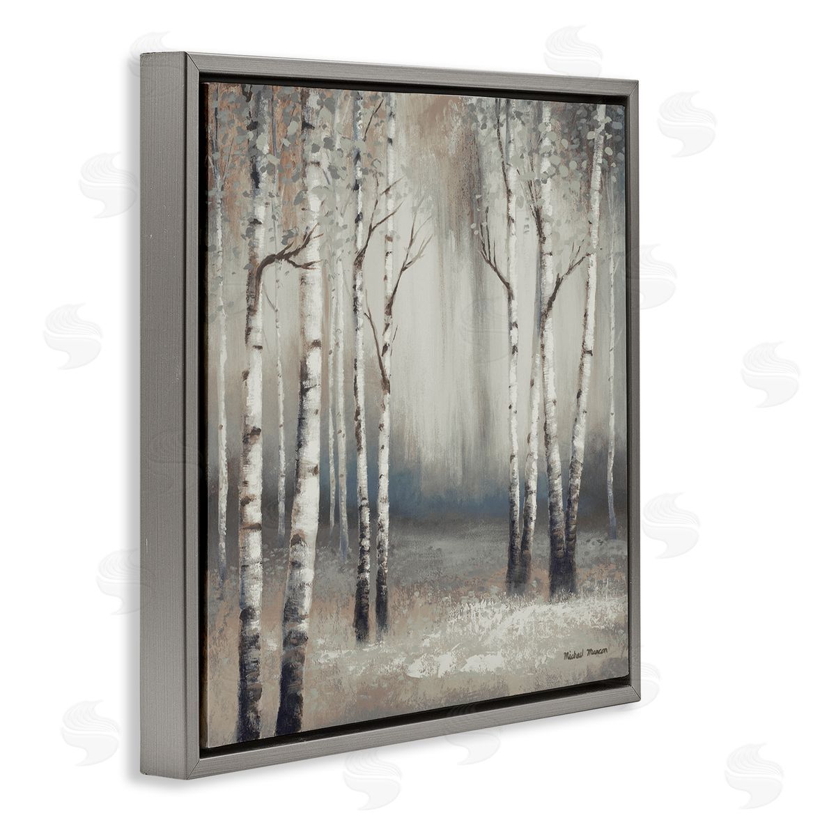Misty Birch Tree Forest Landscape Grey Floating Frame Canvas Wall Art, Home Decor by Michael Marcon