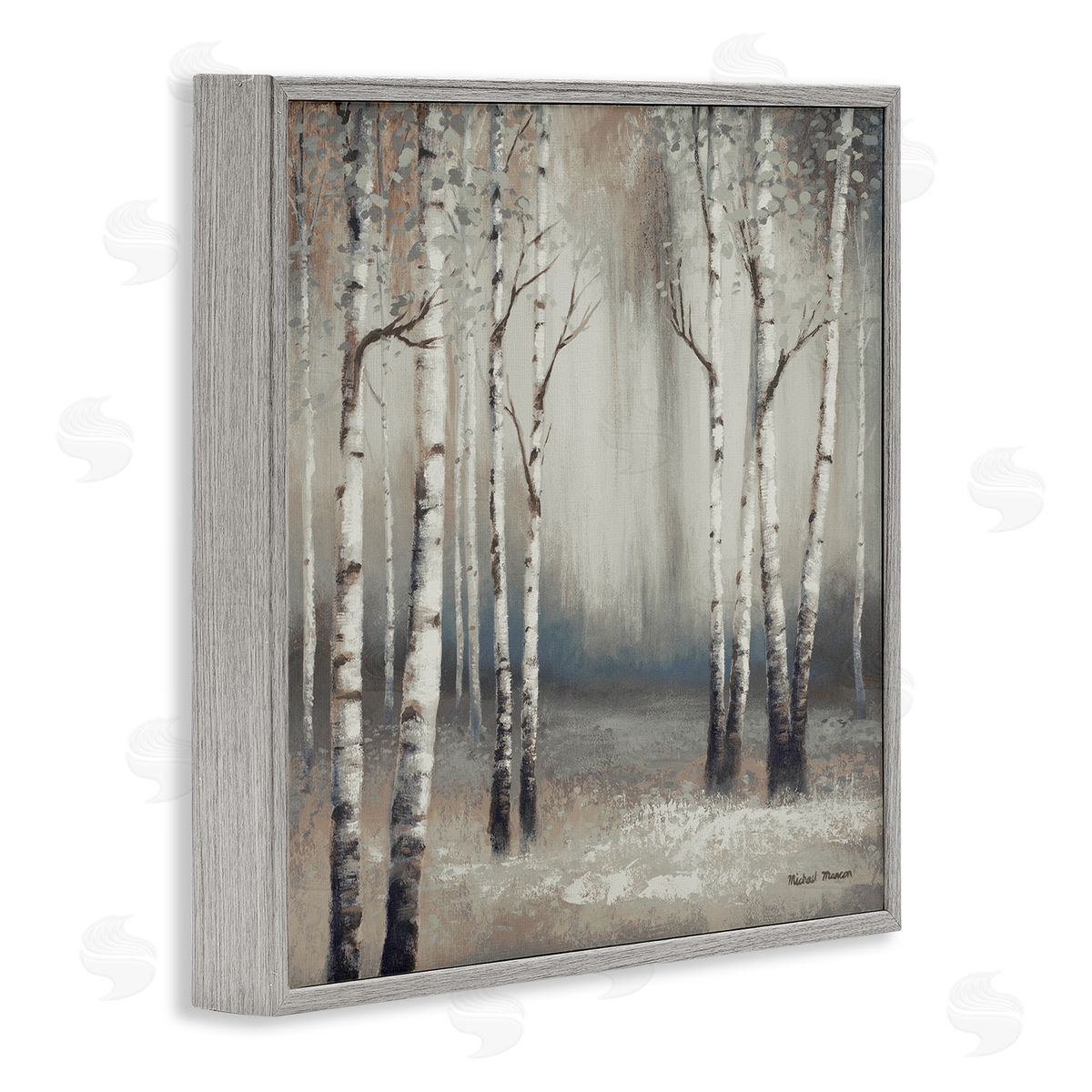 Misty Birch Tree Forest Landscape Grey Frame Print Wall Art, Home Decor by Michael Marcon