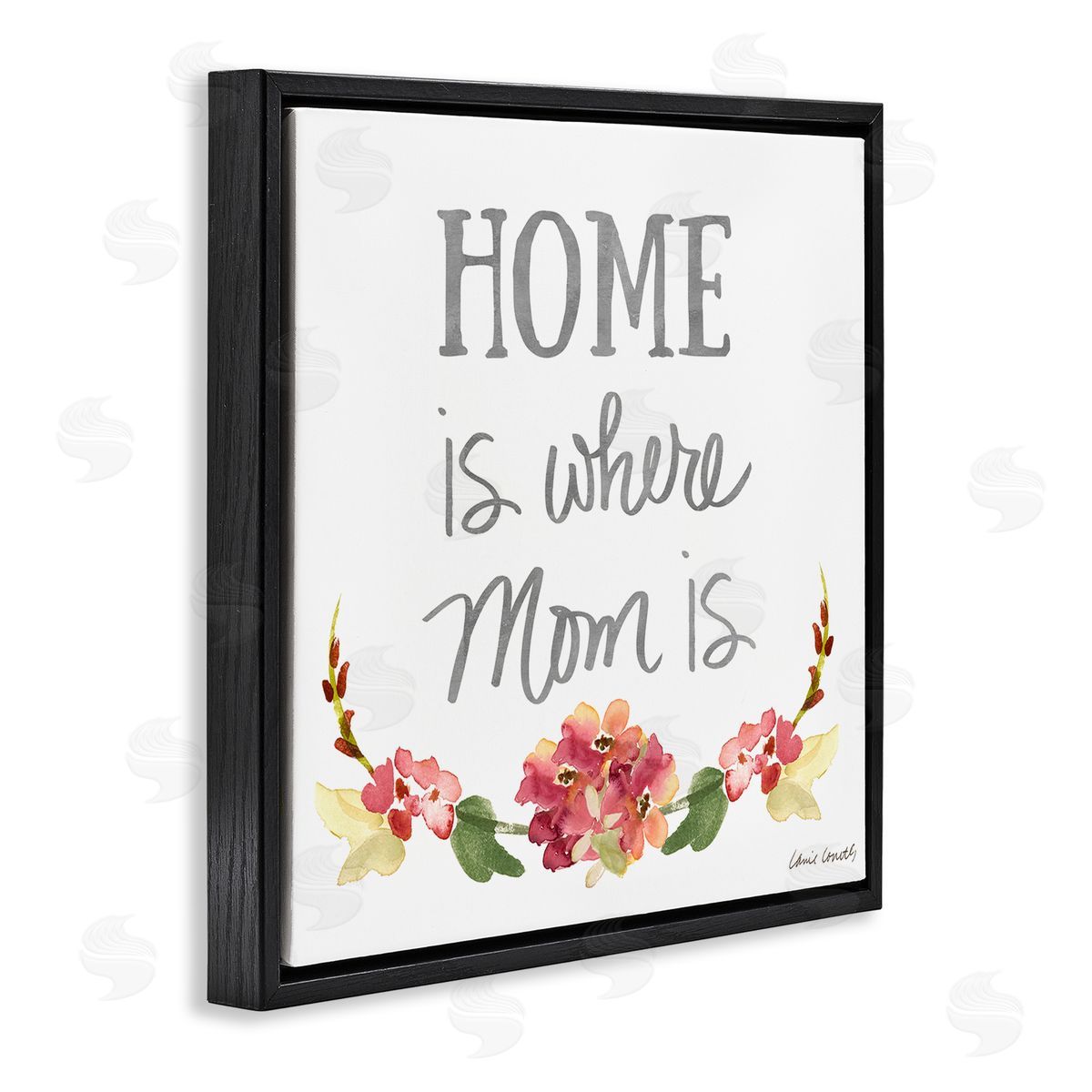 Lanie Loreth Home's Where Mom Is Pink Floral Family Sentiment Black Floating Frame Canvas Wall Art Print