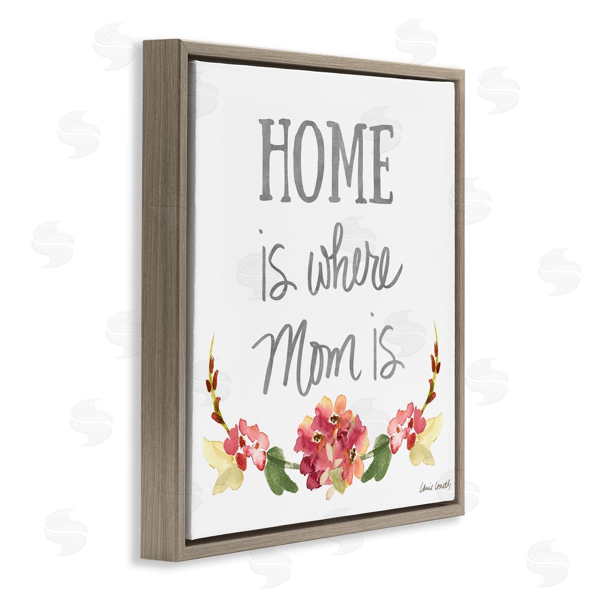 Lanie Loreth Home's Where Mom Is Pink Floral Family Sentiment Brown Floating Frame Canvas Wall Art Print