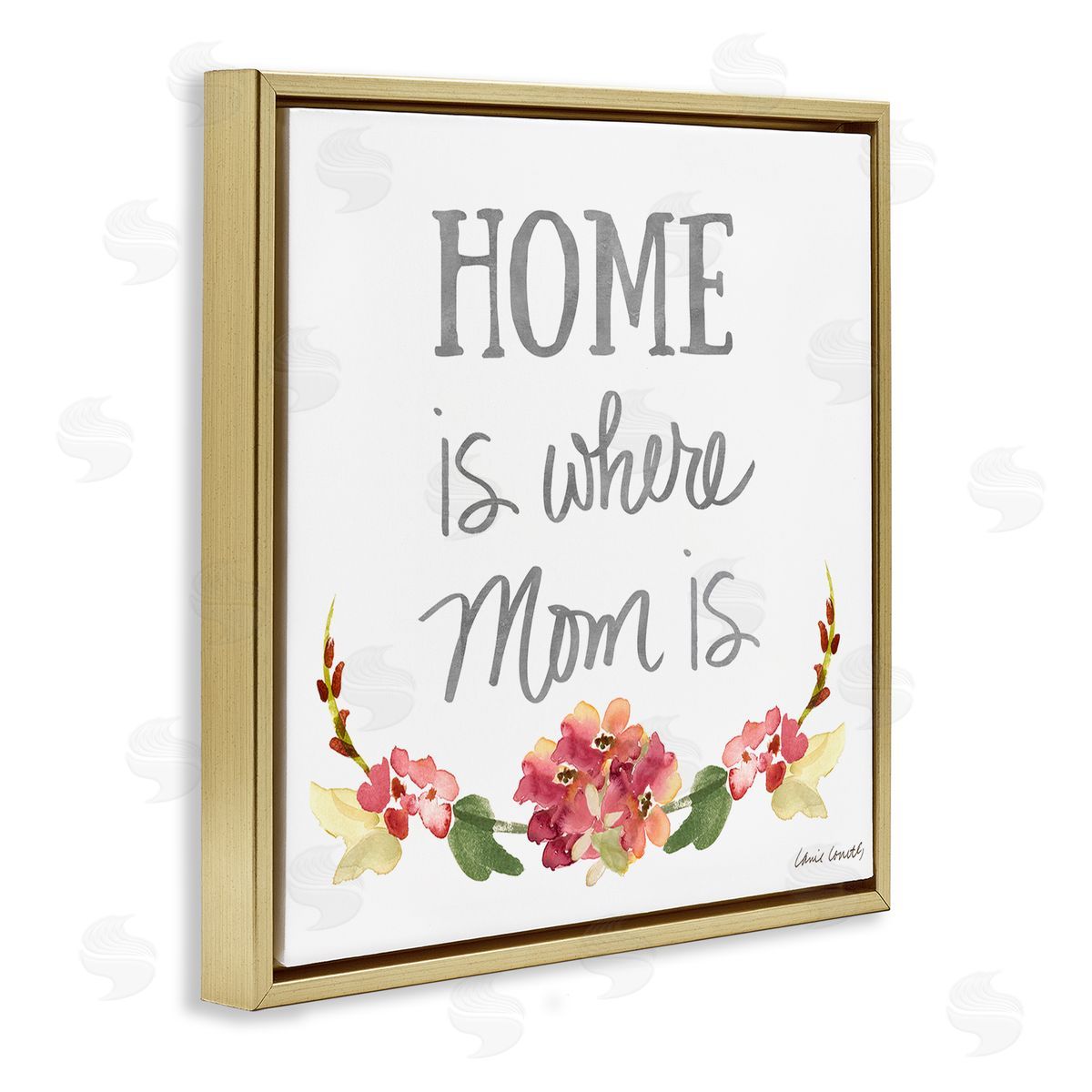 Lanie Loreth Home's Where Mom Is Pink Floral Family Sentiment Gold Floating Frame Canvas Wall Art Print